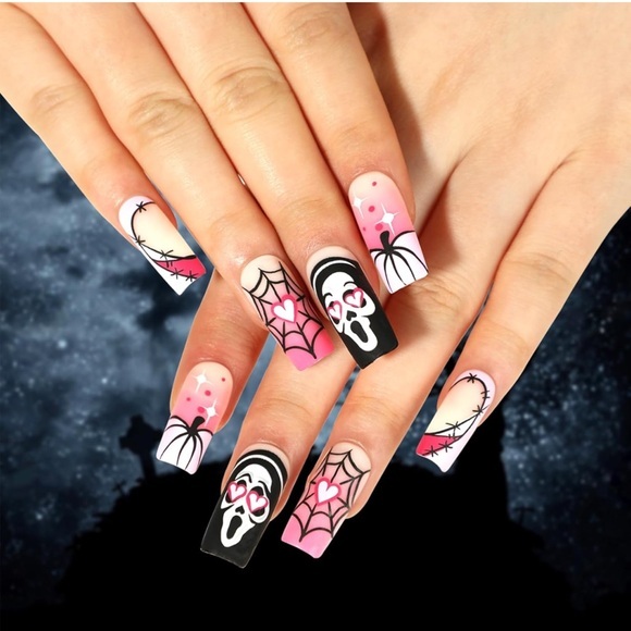 Get Spooky 24Pcs Press On Nails Black False Nails Spider Web‎ & Ghost Designs - Picture 1 of 7
